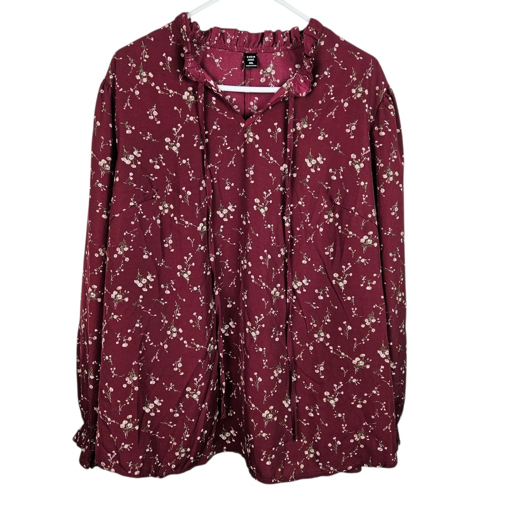 SHEIN‎ CURVE 4XL Burgundy Floral Ruffle Neck Long Sleeve Blouse Top